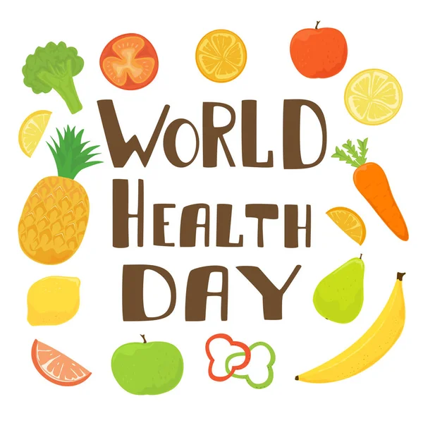 Belettering van Wereldgezondheidsdag met groenten en fruit — Stockvector