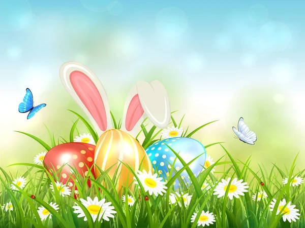 Kék háttér, a nyúl és a húsvéti tojás a fűben — Stock Vector