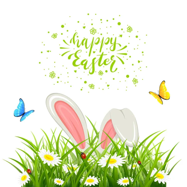 Wielkanoc królik w trawie z motyle na białym tle — Wektor stockowy