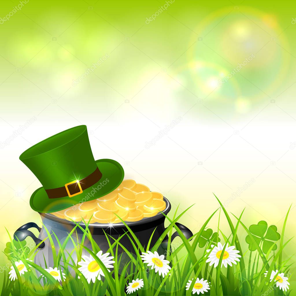 Patrick Day Green Nature Background with Gold and Hat