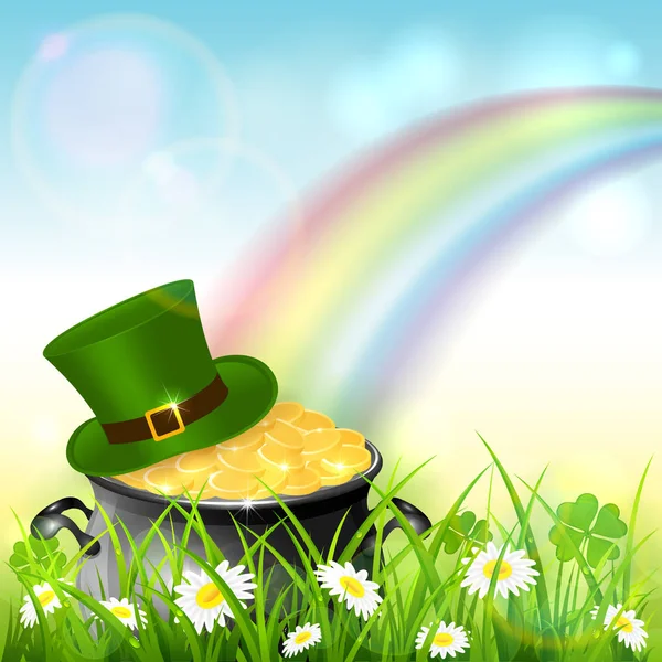 Patrick dag regenboog op blauwe natuur achtergrond met goud en hoed — Stockvector