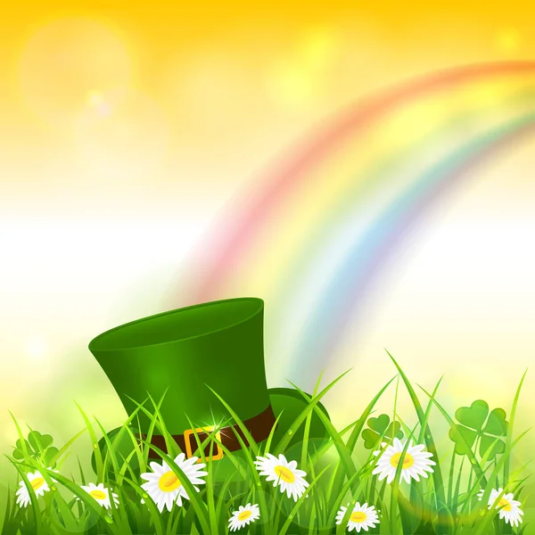 Patrick Day Arc-en-ciel sur fond de nature jaune avec leprechaun — Image vectorielle