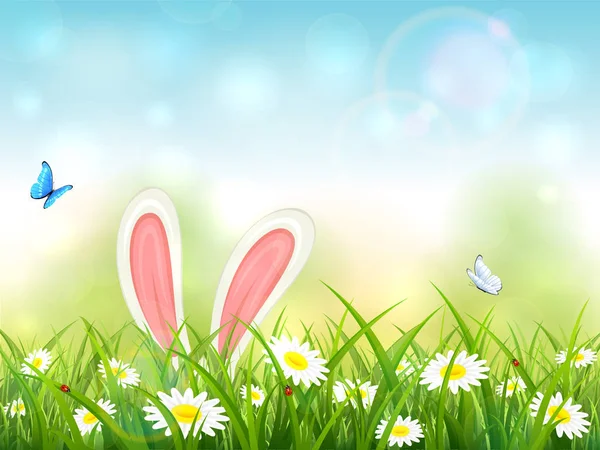 Fond bleu nature avec des oreilles de lapin dans l'herbe — Image vectorielle