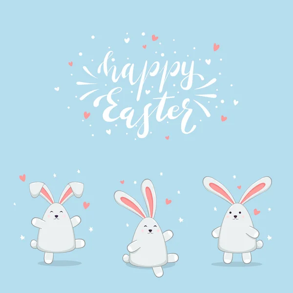 Rabbits on Blue Background and Lettering Happy Easter — Stock Vector