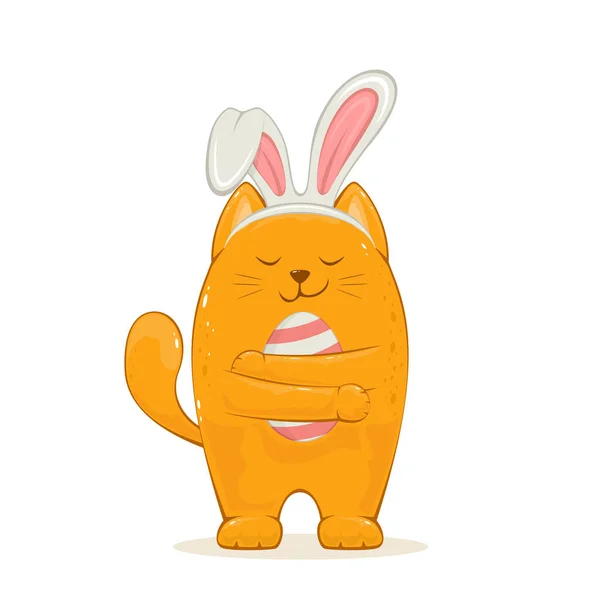 Red Cat with Bunny Ears Hugs Easter Egg — Stock Vector