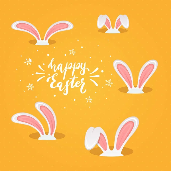 Lettering Feliz Pascua con orejas de conejo sobre fondo naranja — Archivo Imágenes Vectoriales