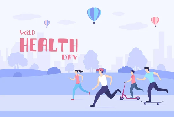 Люди ходят и занимаются спортом в парке во Всемирный день здоровья — стоковый вектор