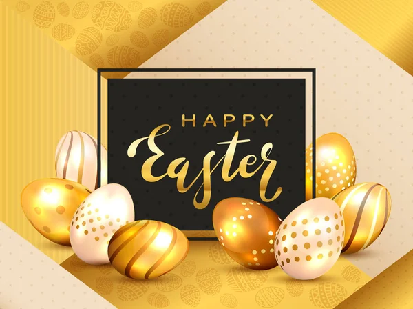 Golden Lettering Happy Easter on Black Card и Eggs on Gold Bac — стоковый вектор