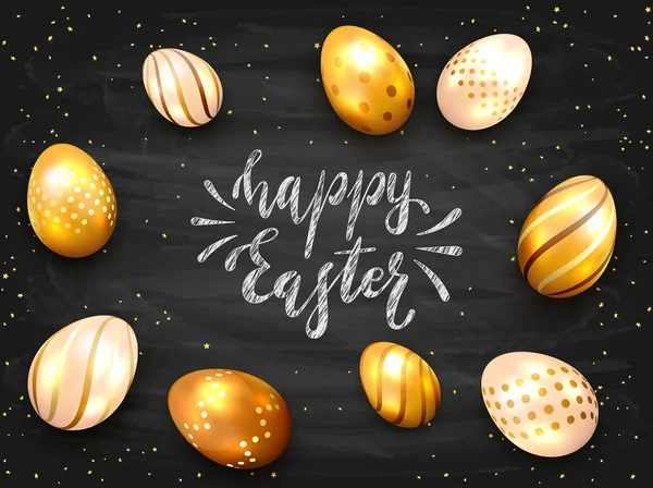 Lettering Happy Easter with Golden Eggs on Black Chalkboard Back — Stock Vector