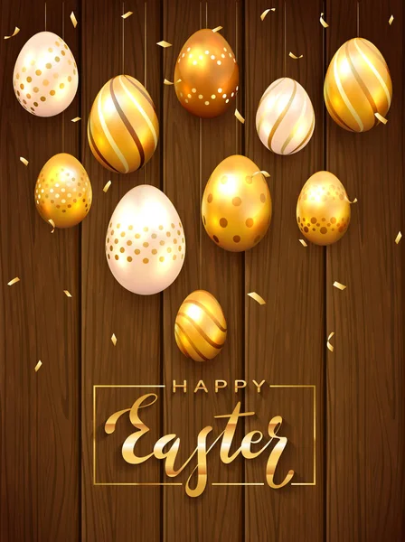 Goldene Ostereier und Schriftzug Frohe Ostern auf hölzernem Hintergrund — Stockvektor