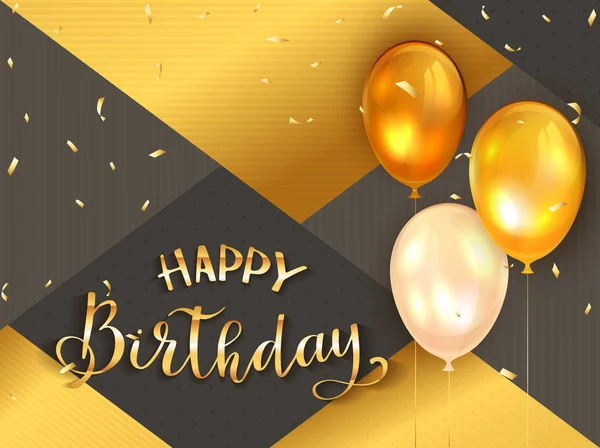 Arrière-plan noir et or avec trois ballons d'anniversaire d'or — Image vectorielle