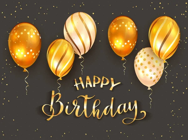 Gyllene födelsedags ballonger på svart bakgrund — Stock vektor