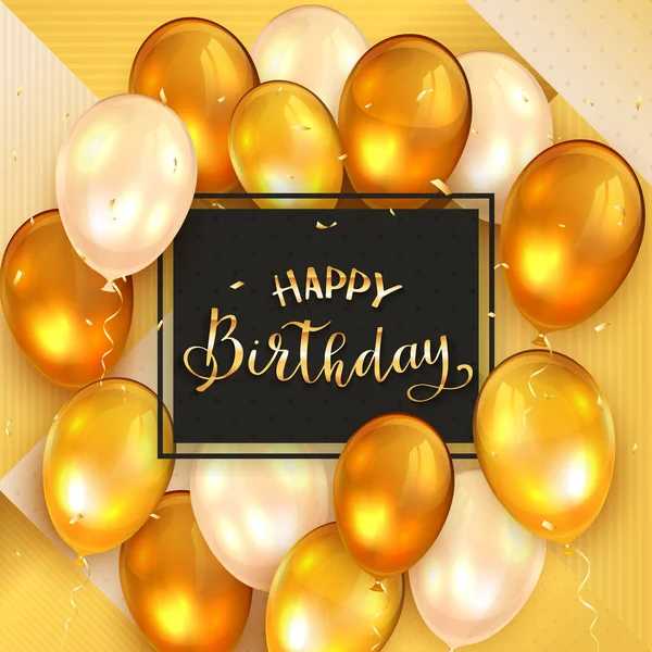 Fundo de ouro e letras douradas Feliz aniversário e balões — Vetor de Stock