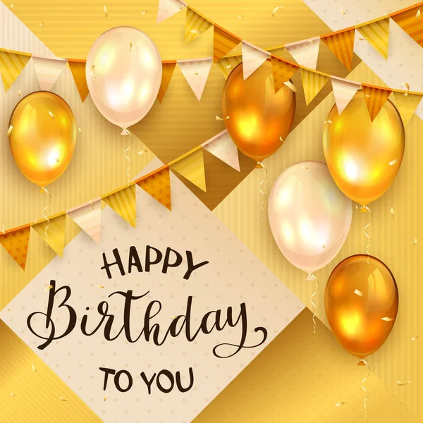 Gold Background with Golden Birthday Balloons and Pennants — Stock Vector