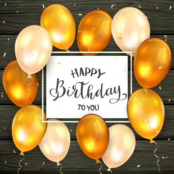 Goldene Luftballons und Schriftzug "Happy Birthday to you" auf schwarzem Woo — Stockvektor
