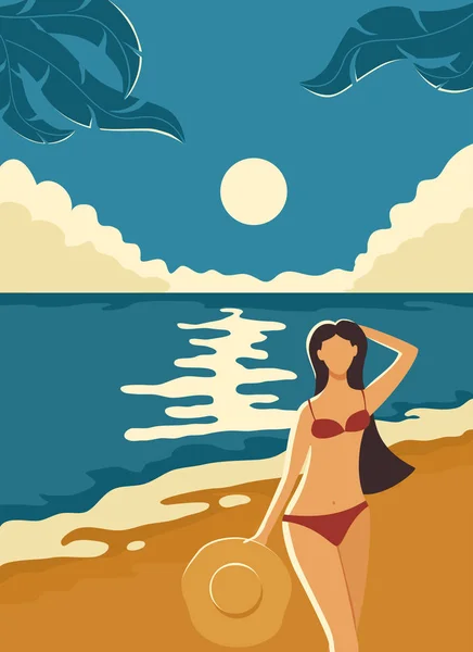 Hermosa chica en la playa — Vector de stock