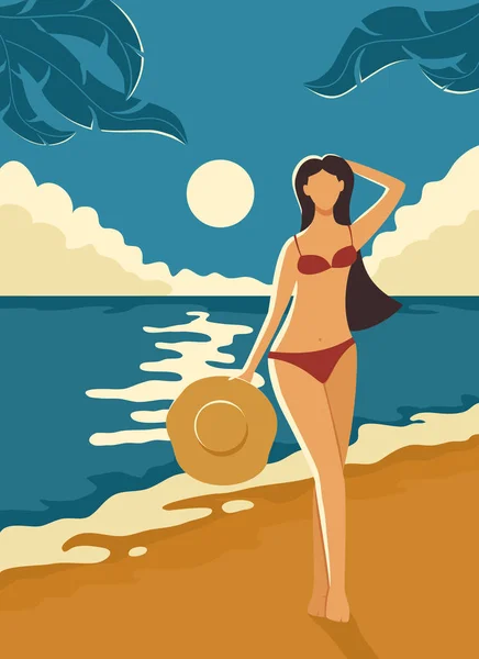 Poster retrò con bella ragazza sulla spiaggia — Vettoriale Stock