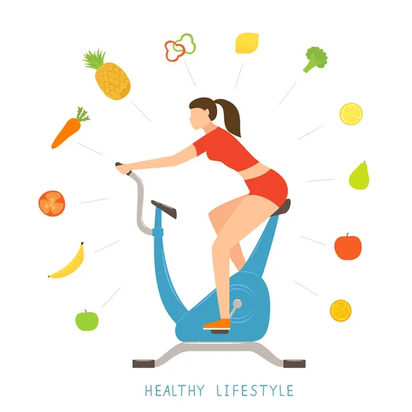 Donna in bici stazionaria con verdure e frutta — Vettoriale Stock