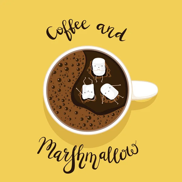 Xícara de café com Happy Marshmallow em fundo amarelo —  Vetores de Stock