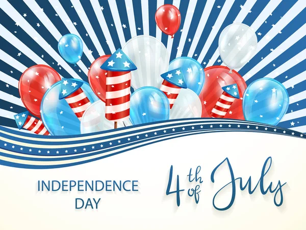 Fond du jour de l'indépendance avec des ballons colorés et un feu d'artifice — Image vectorielle