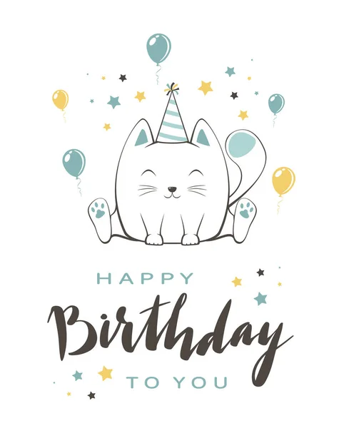 Blue Kitty with Lettering Happy Birthday on White Background — Stock Vector