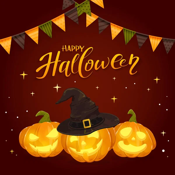 Happy Halloween und Kürbisse mit schwarzem Hexenhut und Wimpel — Stockvektor