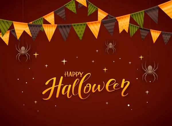 Testo Buon Halloween con Pennants e Spiders — Vettoriale Stock
