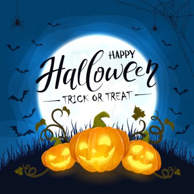 Ay ve Yarasalar ile Gece Arka Plan Üç Halloween Pumpkins