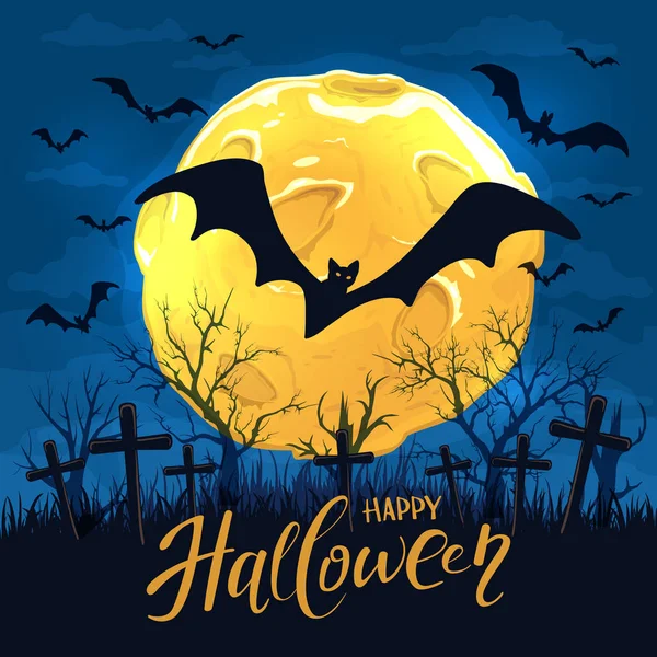 Text Happy Halloween med fladdermöss på natten bakgrund — Stock vektor