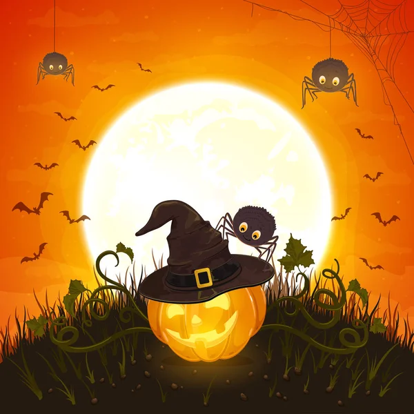 Zucca di Halloween con cappello di strega e ragno su sfondo arancione — Vettoriale Stock
