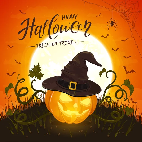 Turuncu Arka Plan üzerinde Cadı Şapka ile Halloween Kabak — Stok Vektör