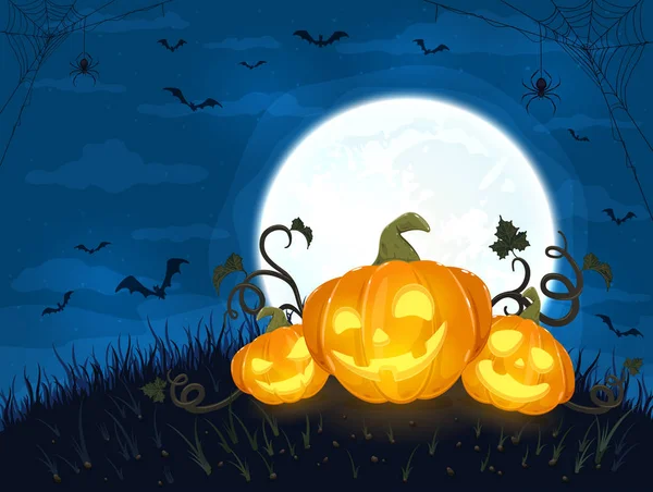 Tres calabazas de Halloween con luna sobre fondo azul — Archivo Imágenes Vectoriales