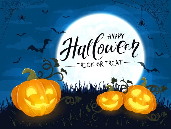 Happy Halloween Pumpkins with Moon and Spiders on Blue Backgroun — Stock Illustration Happy Halloween Pumpkins with Moon and Spiders on Blue Backgroun Stock Illustration