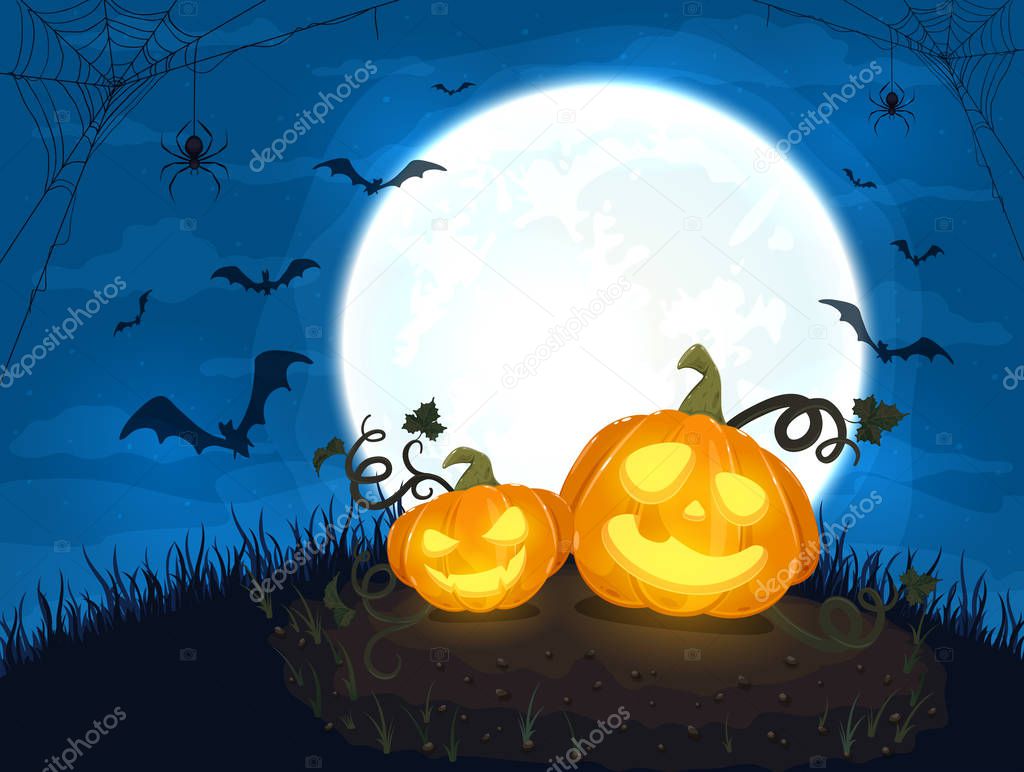 Two Happy Halloween Pumpkins with Moon and Bats on Night Backgro