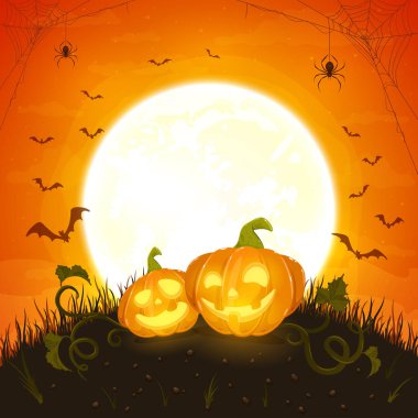 Turuncu Arka Plan örümcekler ile Iki Halloween Pumpkins