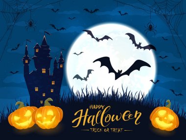 Mavi Arka Plan Moon ile Halloween Pumpkins ve Castle
