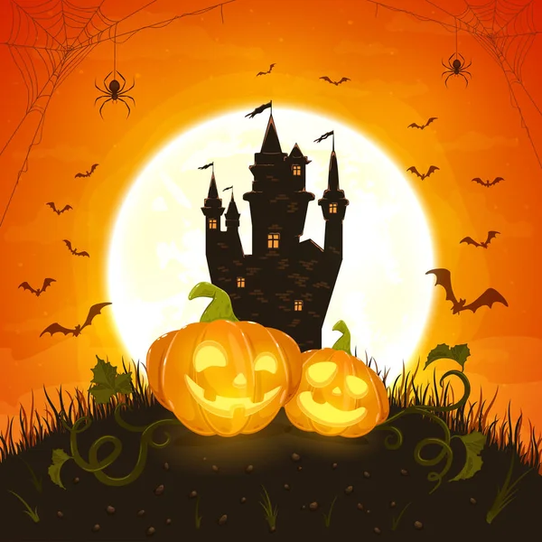 Halloween Pumpkins with Castle and Spiders on Orange Background — Stock Illustration Halloween Pumpkins with Castle and Spiders on Orange Background Vector Graphics