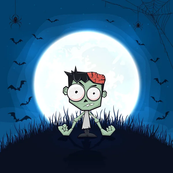 Halloween Zombie en fondo de noche con luna y murciélagos — Vector de stock