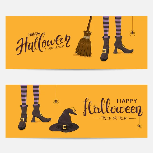 Bannières d'Halloween orange avec jambes de sorcières — Image vectorielle