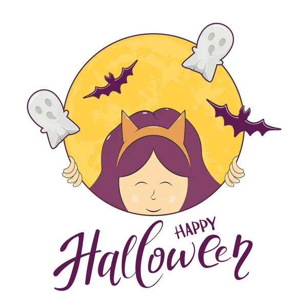 Texto Feliz Halloween y Chica con Murciélagos — Vector de stock