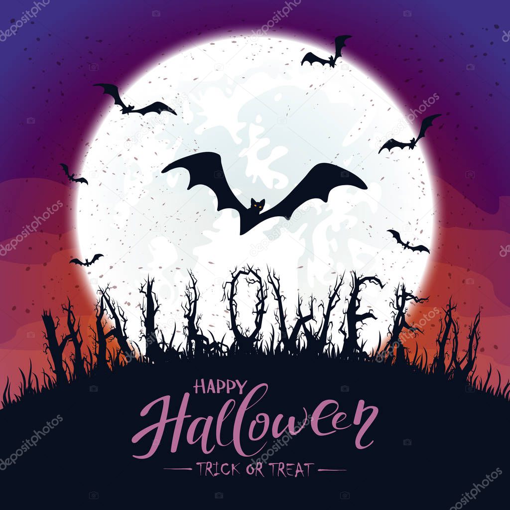 Halloween Background with Bat and Moon