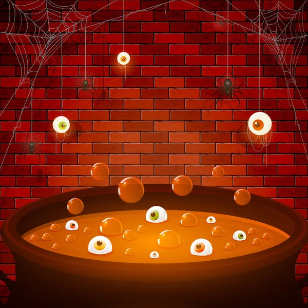 Halloween Cauldron with Eyes and Spiders — Stock Vector