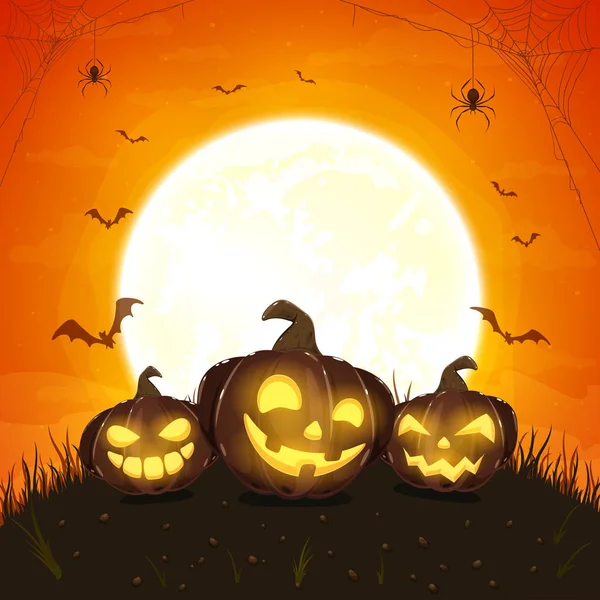Dark Halloween Pumpkins with Spiders on Orange Background — Stock Vector