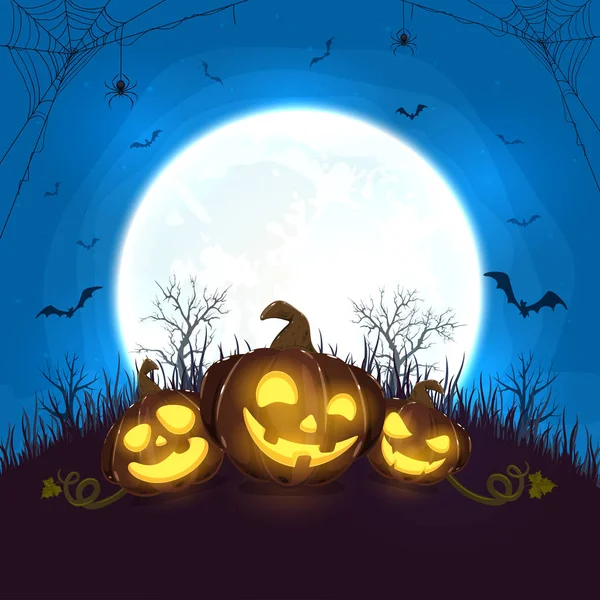 Halloween Pumpkins and Moon on Night Background — Stock Vector
