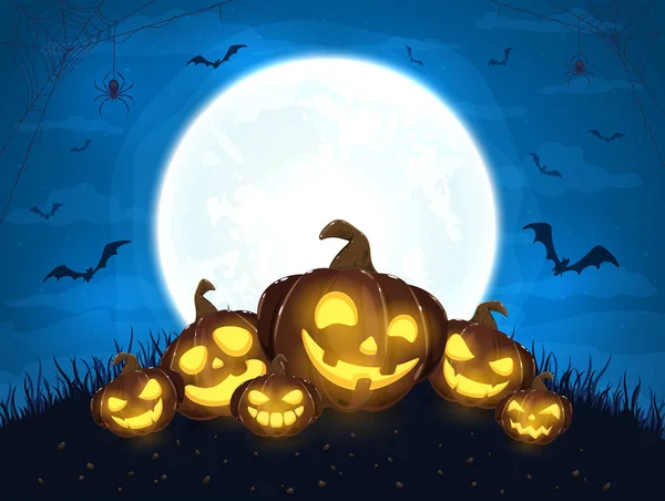 Halloween pumpor på blå bakgrund med fladdermöss — Stock vektor