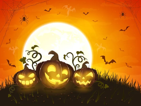 Halloween Pumpkins and Moon on Orange Background — Stock Vector