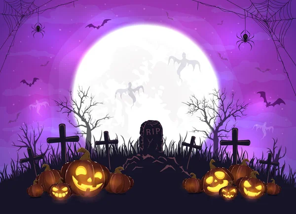 Calabazas y fantasmas de Halloween sobre fondo púrpura — Vector de stock