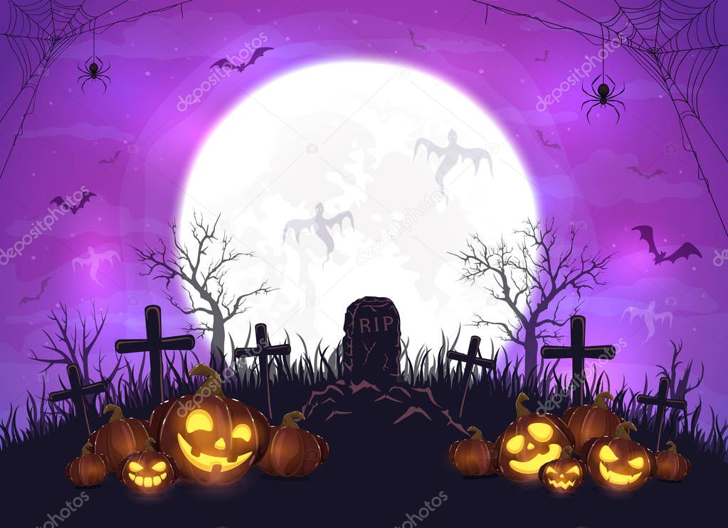 Halloween Pumpkins and Ghosts on Purple Background