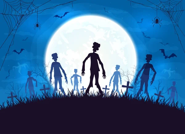 Fond bleu Halloween avec des zombies — Image vectorielle