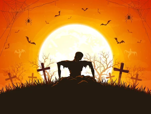 Oranje Halloween Nacht met Zombie — Stockvector